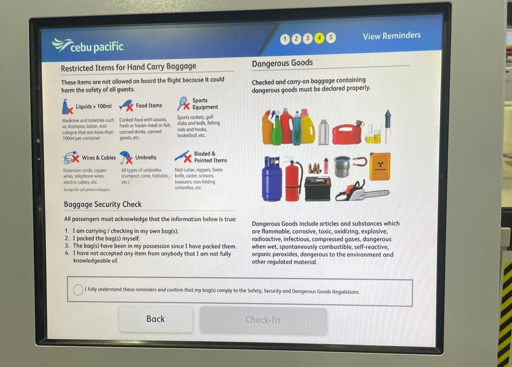 セブパシフィック航空の自動チェックイン機で画面操作を進める様子
